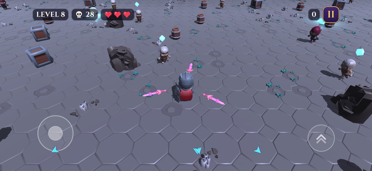 Gameplay: a knight with spinning blades fights skeletons